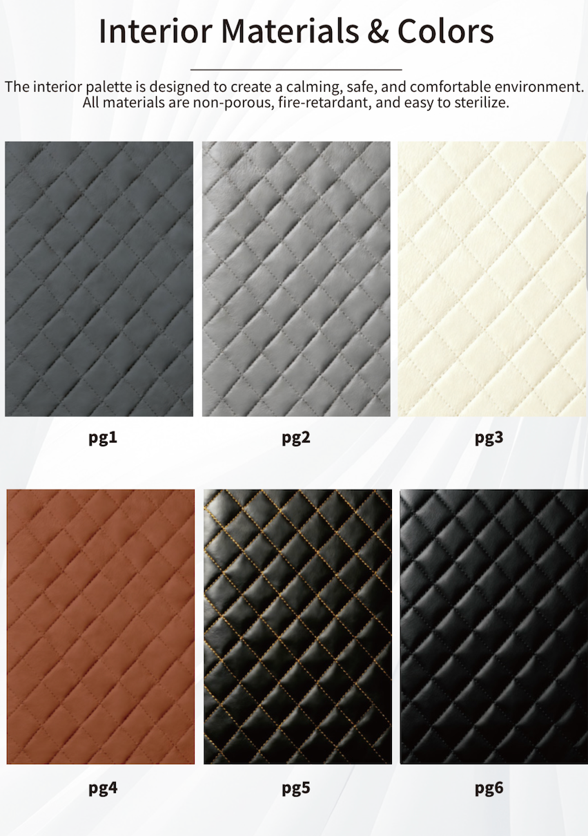 'Interior Materials & Colours' showing six quilted leather-like panel options labeled pg1 through pg6. The options include dark grey, light grey, cream, clay, black and gold stitching, monochrome black